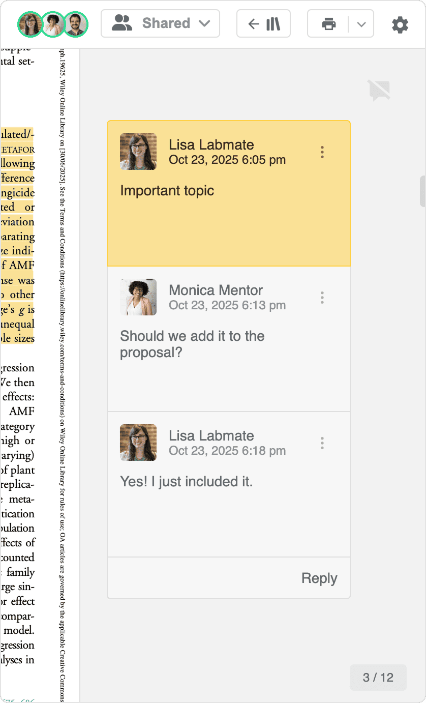 A comment thread in the PDF viewer: a yellow sticky note reading “Important topic”, a reply asking “Should we add it to the proposal?” and an answer “Yes! I just included it.”, each with an author, avatar and timestamp, above a Reply button.